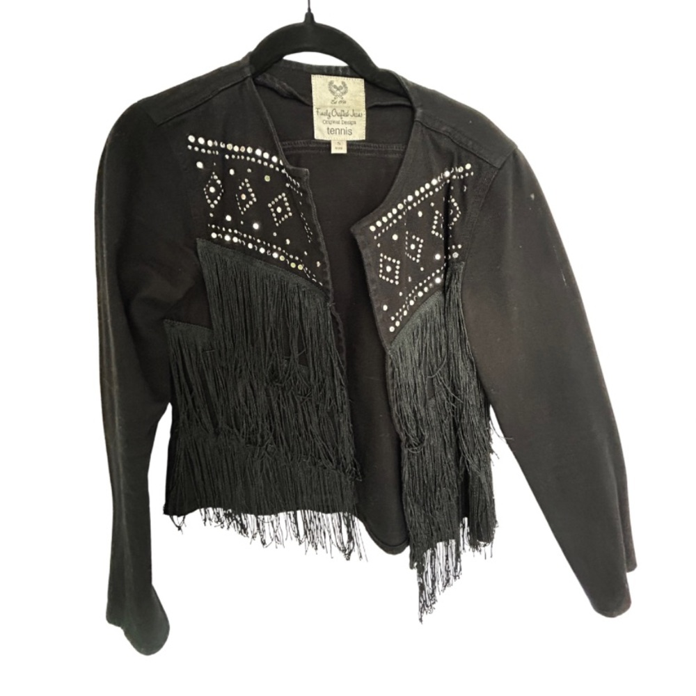 Elegant Black Fringe Blazer with Studded Accents